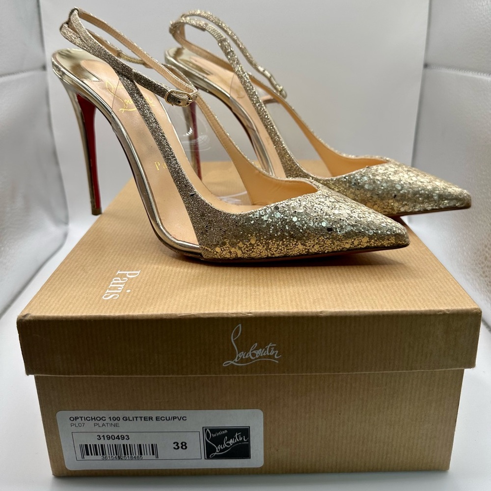 Authentic Christian Louboutin OptiChoc 100 Glitter ECU/PVC Slingback Pumps